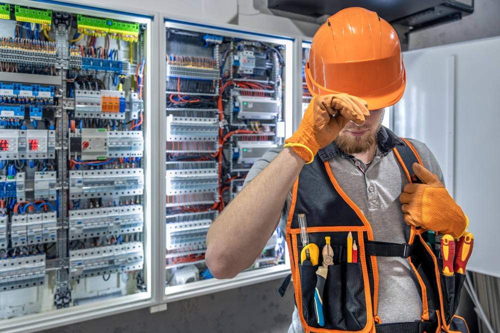 Formateur en sécurité électrique équipé d'un gilet porte-outils et casque de protection devant une armoire TGBT - CYMP Formation