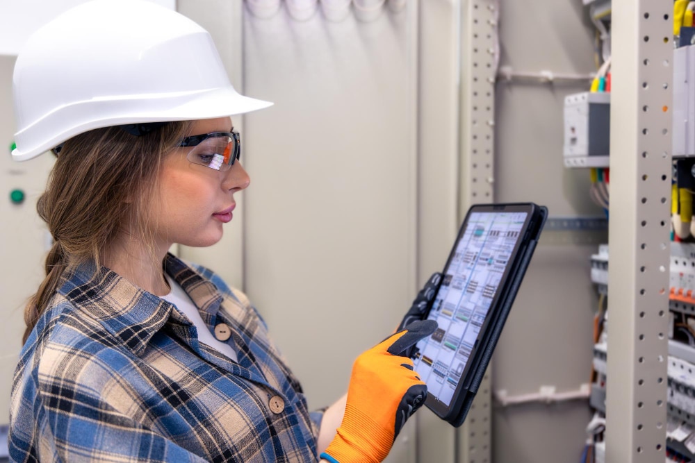 Femme en formation habilitation électrique utilisant une tablette pour consulter des schémas numériques - CYMP Formation