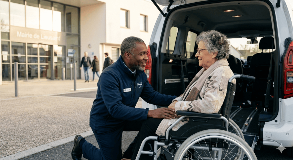 chauffeur tpmr en interaction bienveillante avec un passager en fauteuil roulant