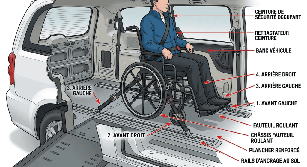 Arrimage fauteuil roulant 4 points de fixation véhicule TPMR
