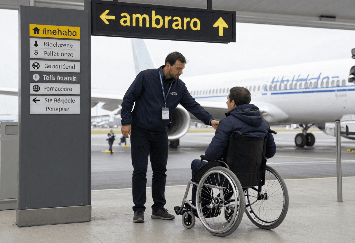 Nos Formations Agent d'escale guidant un voyageur en fauteuil roulant sous un panneau de signalisation aéroportuaire - CYMP Formation