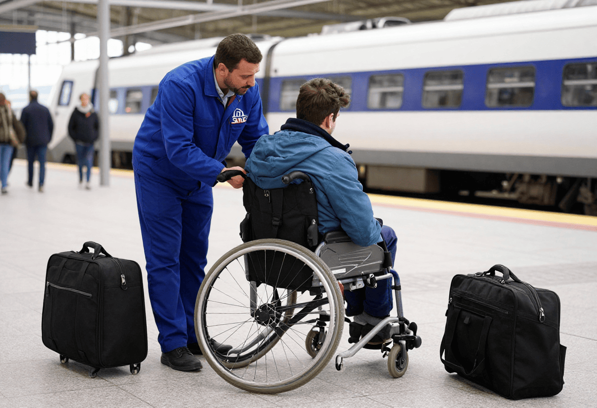 Nos Formations Accompagnateur TPMR aidant un voyageur en fauteuil roulant avec ses bagages en gare - CYMP Formation